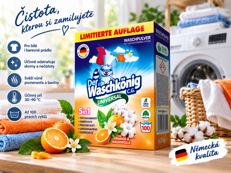 Waschkönig Universal Orange & Baumwolle XXL prací prášek na bílé i barevné prádlo – 6 kg, až 100 praní